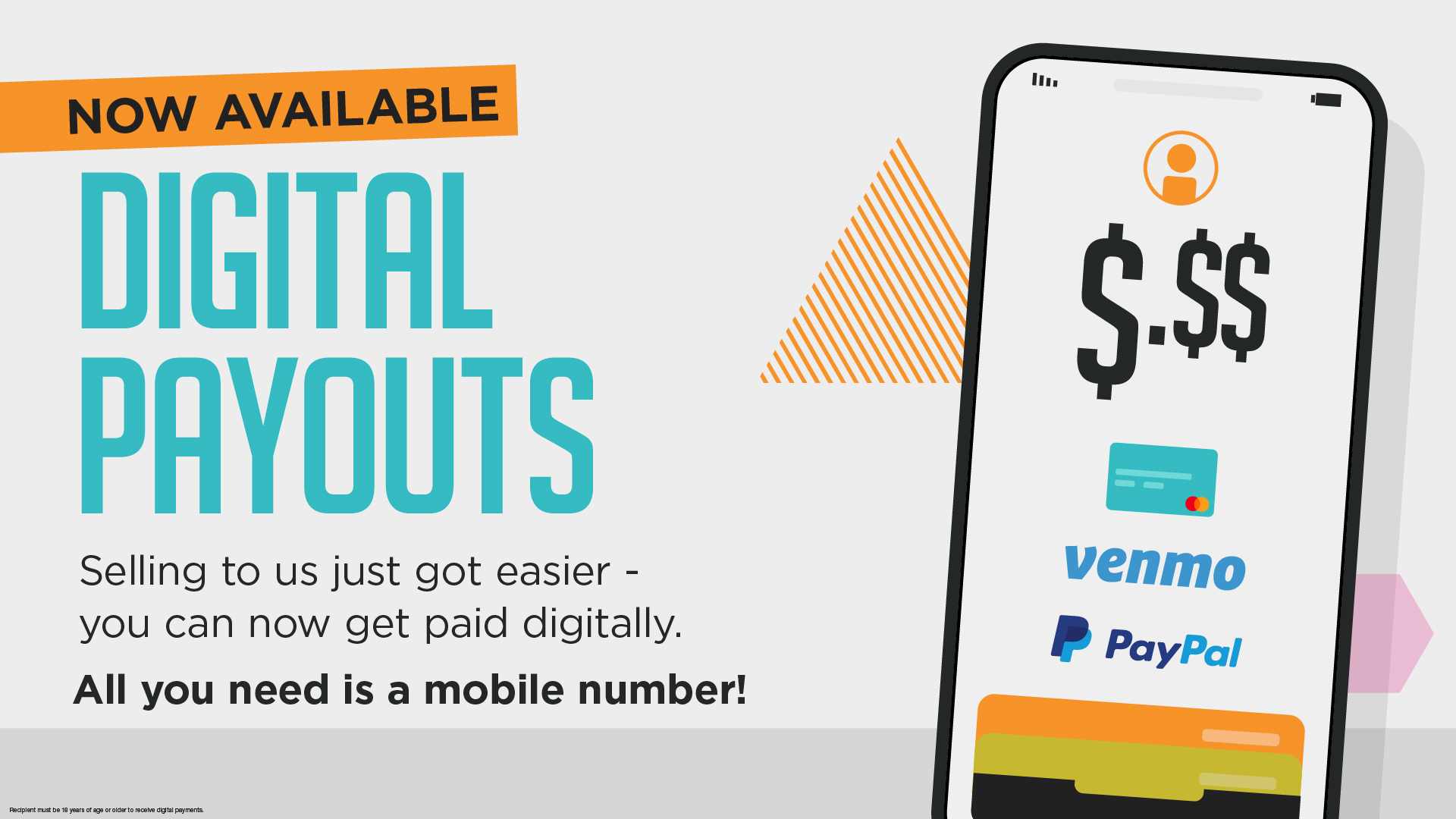 cell phone with text describing how to receive a digital payout
